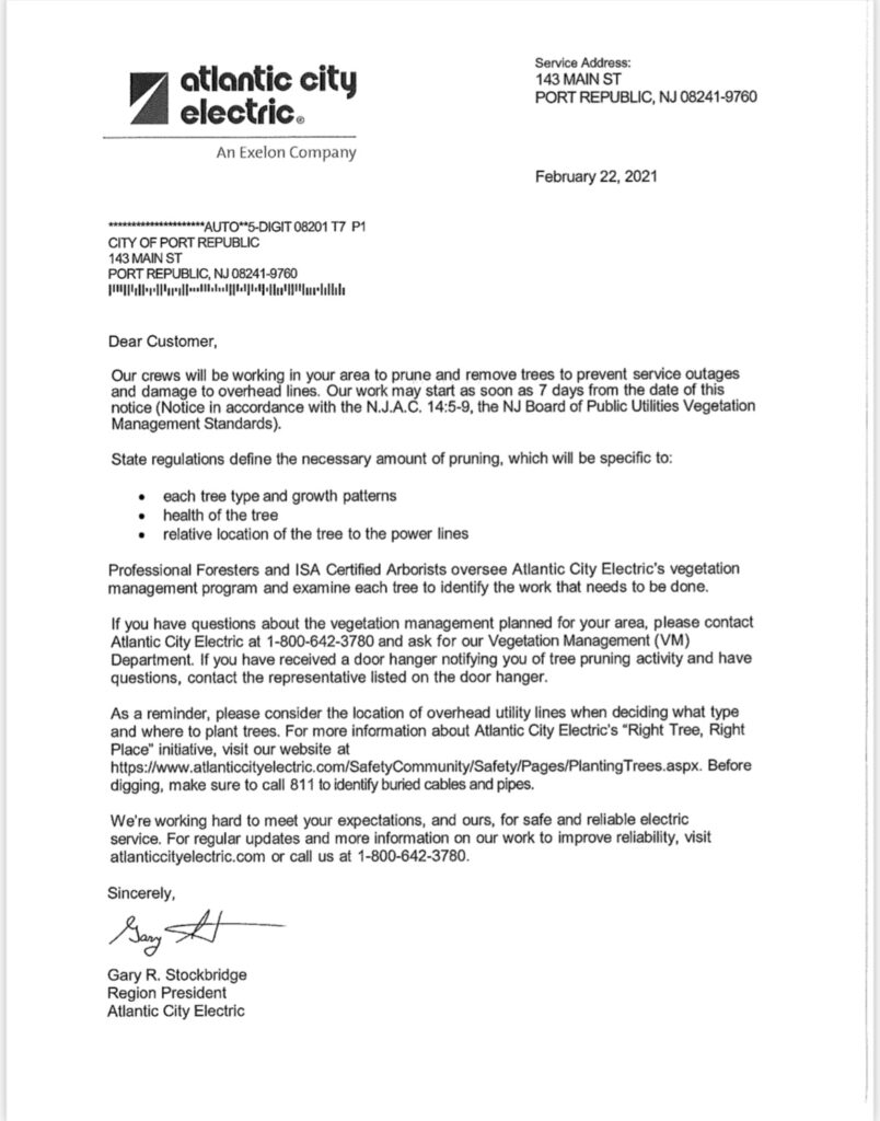 Notice from Atlantic City Electric- 2/22/2021 | City of Port Republic