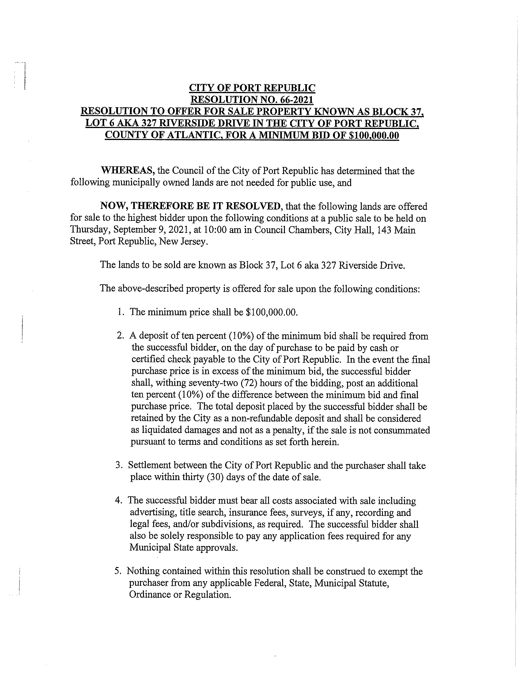 RESOLUTION TO OFFER FOR SALE PROPERTY KNOWN AS BLOCK 37, LOT 6 AKA 327