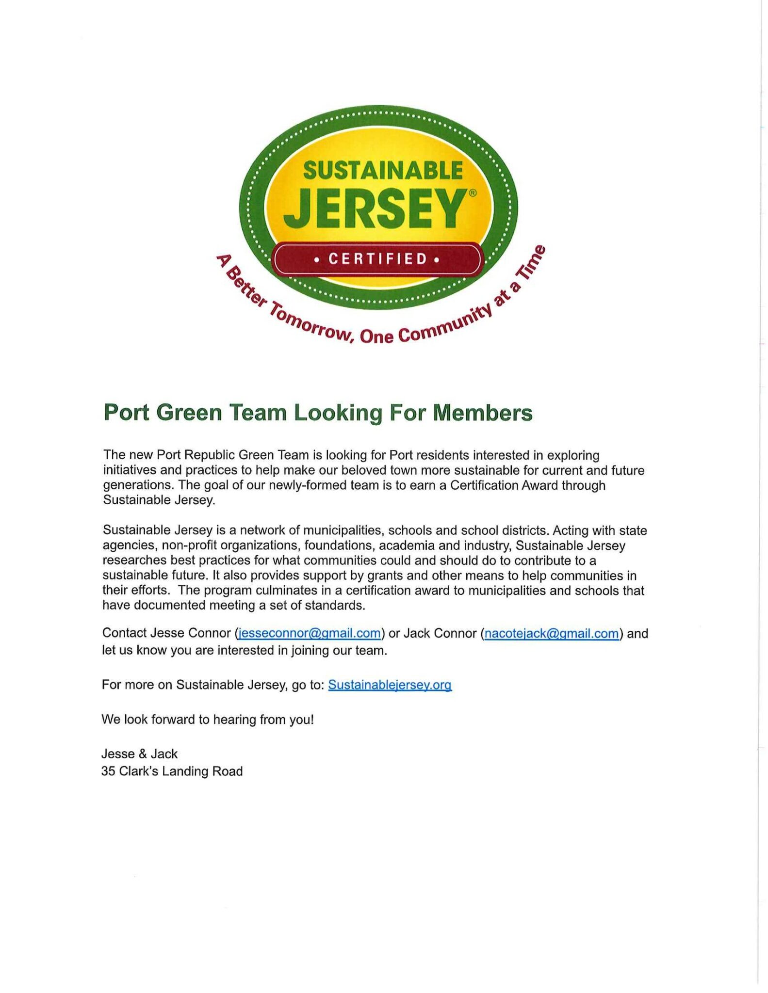 Port Green Team is Looking for Members! City of Port Republic