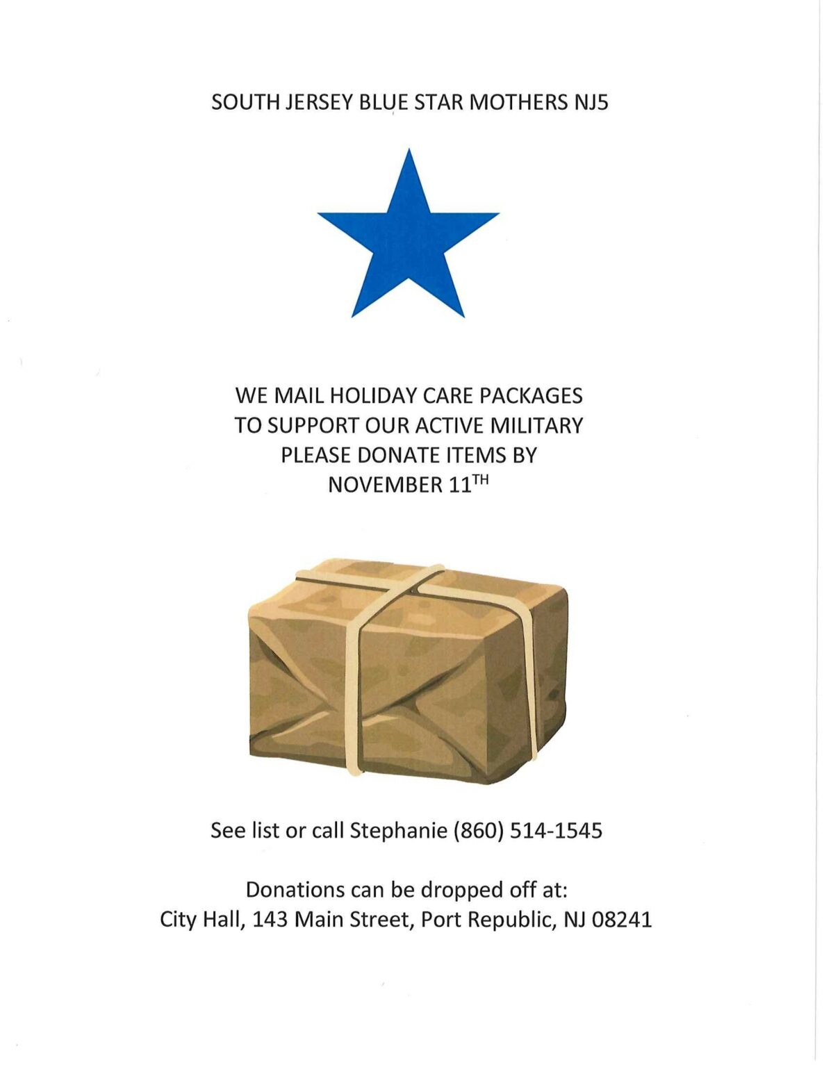 South Jersey Blue Star Mothers NJ5 are Collecting Holiday Care Packages